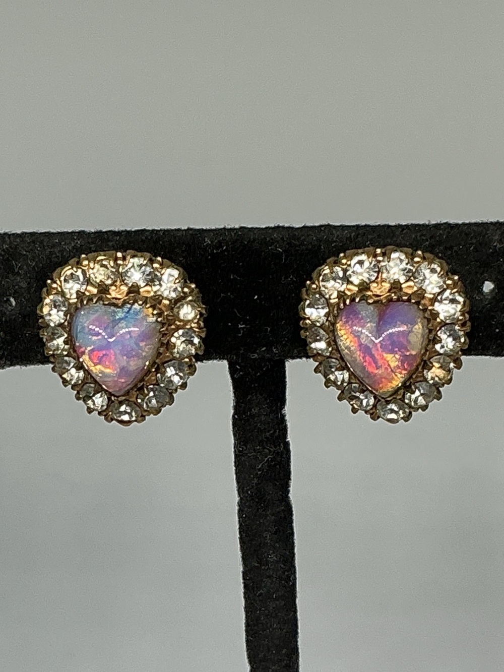 Vintage 12k GF Opal Glass Heart Rhinestone Halo Screw Back Earrings